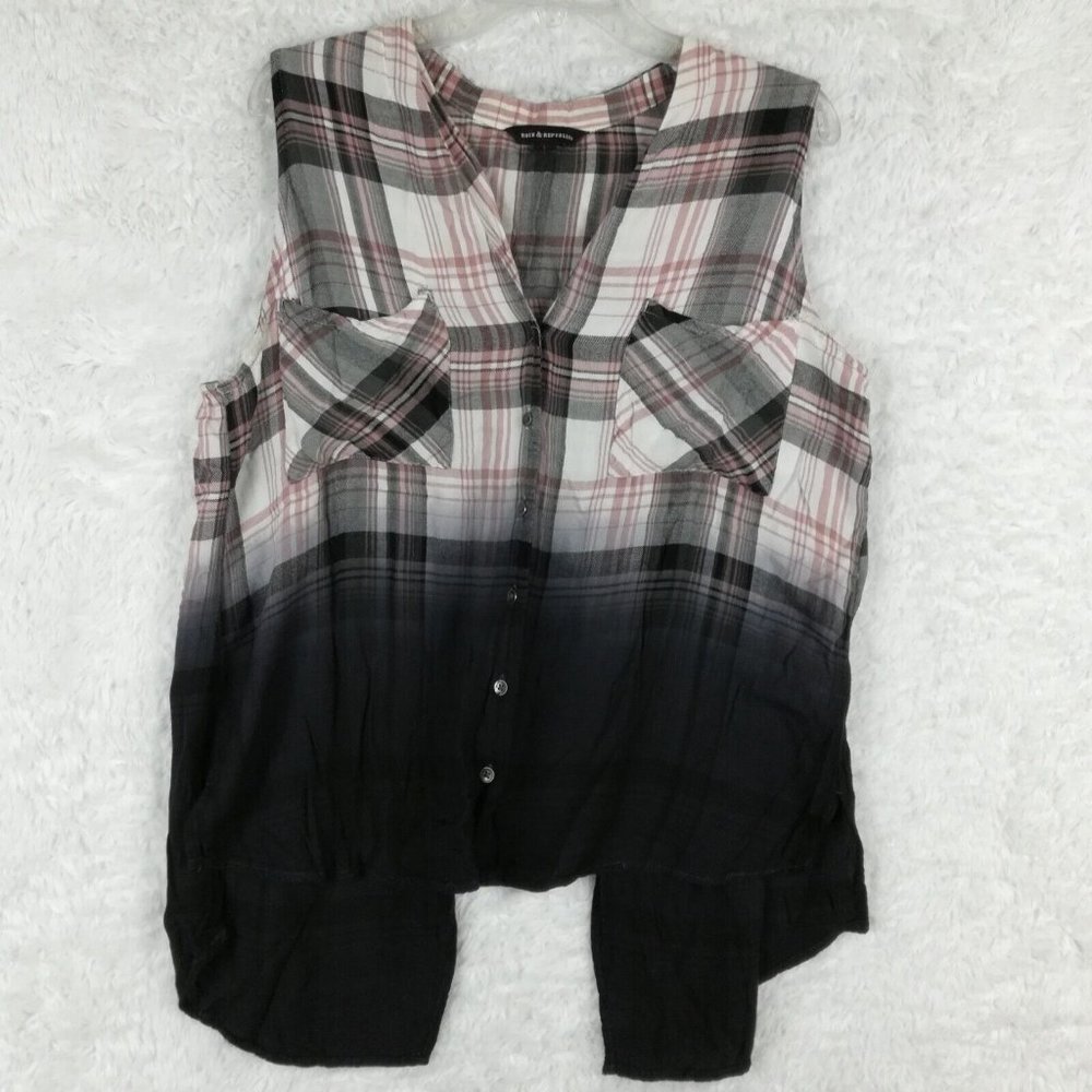 Rock & Republic Womens Shirt Vest Madras Plaid Black Ombre Sleeveless Split L